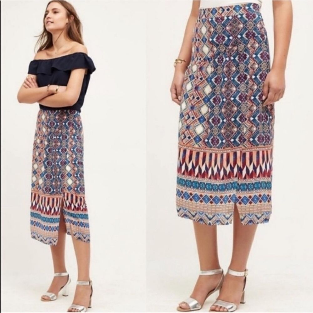 Anthropologie HD In‎ Paris Olympia Graphic Silk High Waist A-line Midi Skirt 0US